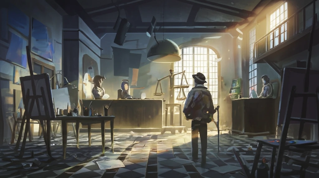 Renaissance courtroom and artist's studio merging.