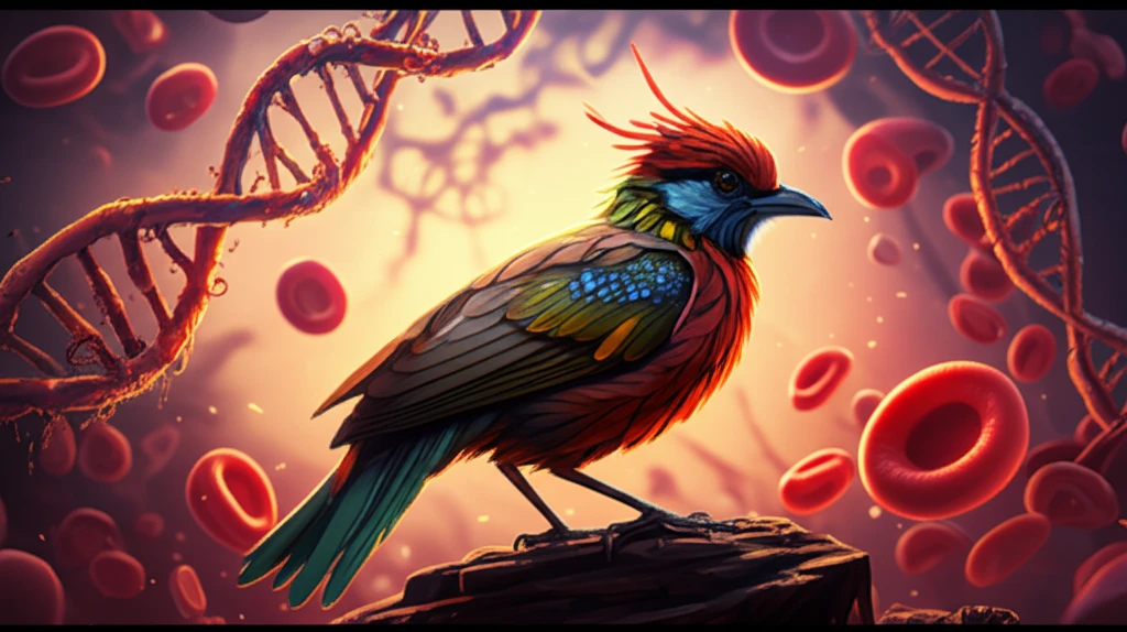 African landbird silhouetted against microscopic blood cells with DNA strands, symbolizing avian parasite infection.