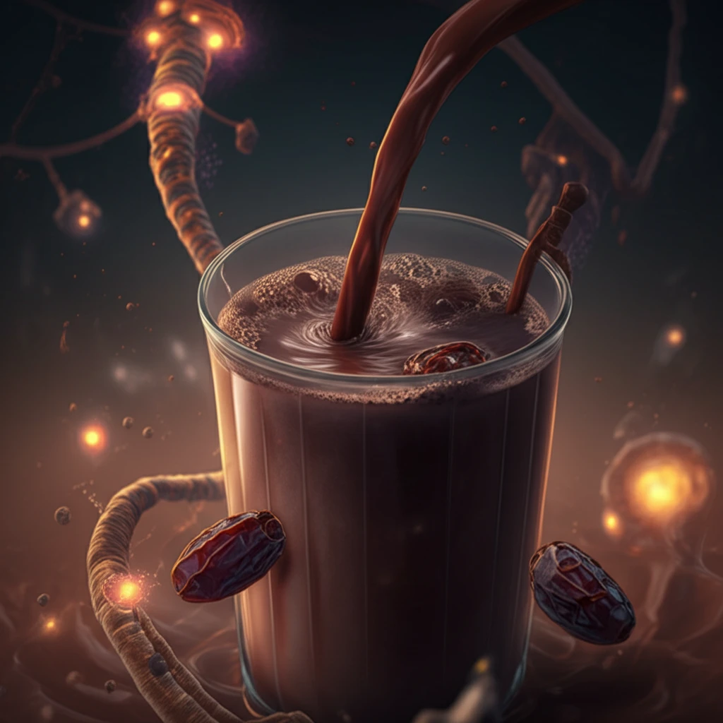 A glass of healthy prebiotic chocolate milk with date syrup.