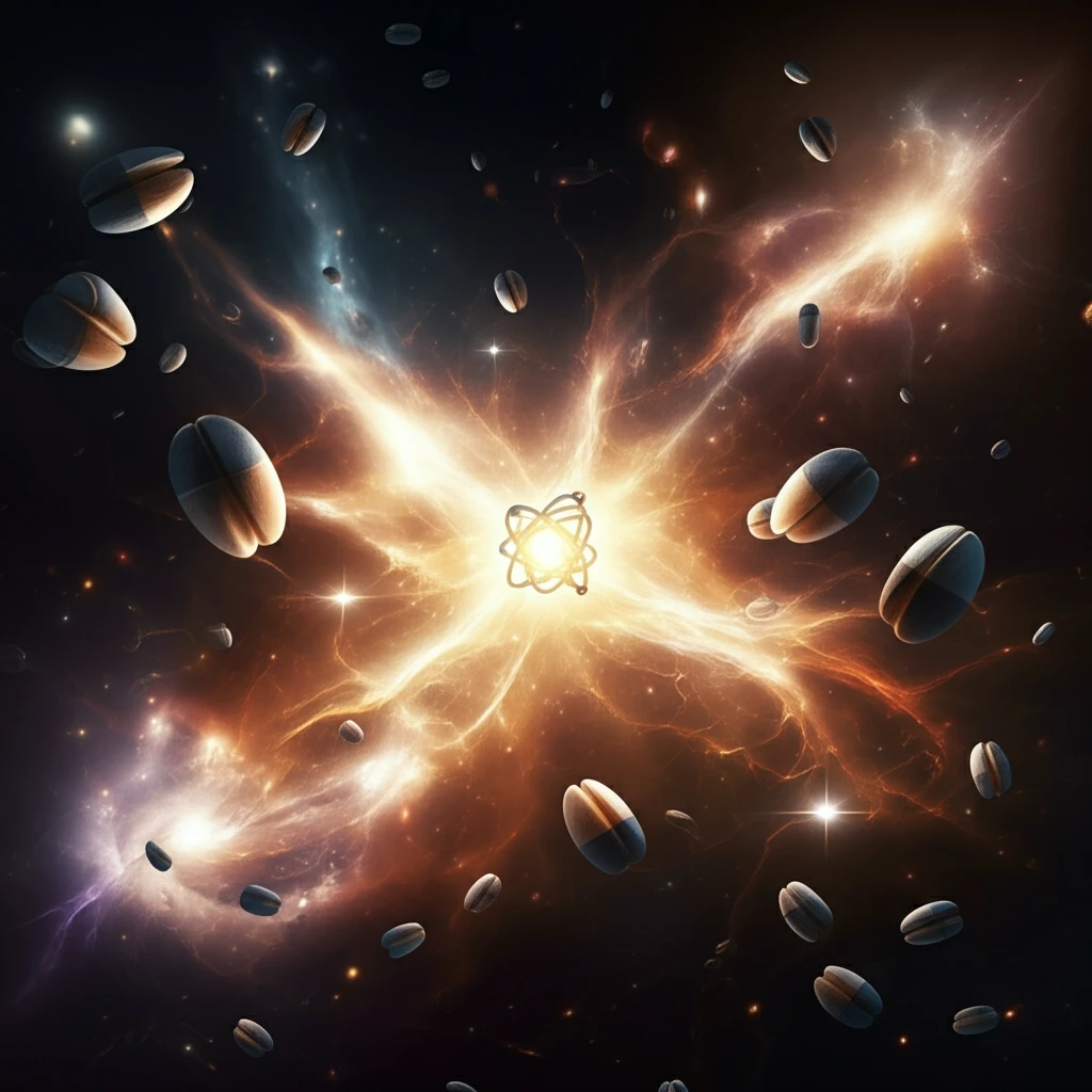 Surreal illustration of quarks interacting with the strong force in a cosmic setting.