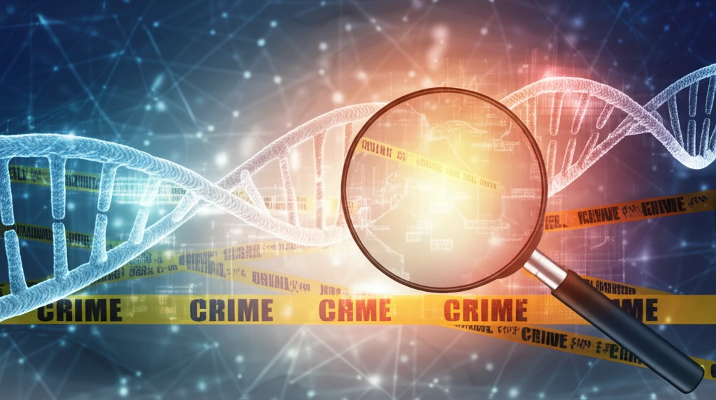 DNA strand magnifying glass over a crime scene.