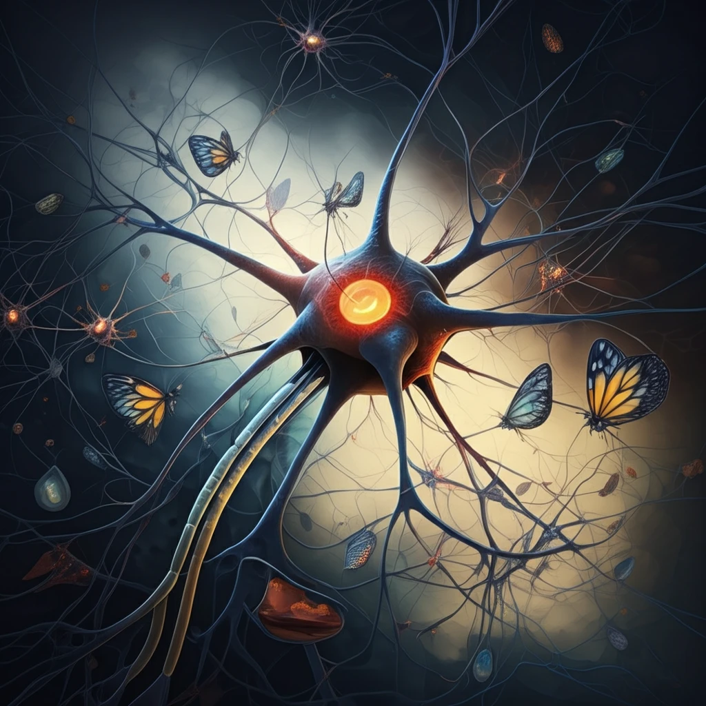 Surreal illustration of nerve cells with butterfly wings symbolizing allergy relief through omalizumab.