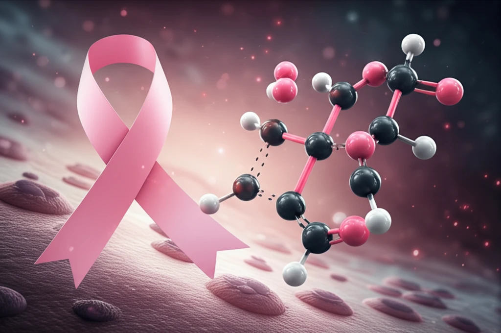 Oxytocin molecule with breast cancer awareness ribbon intertwined.