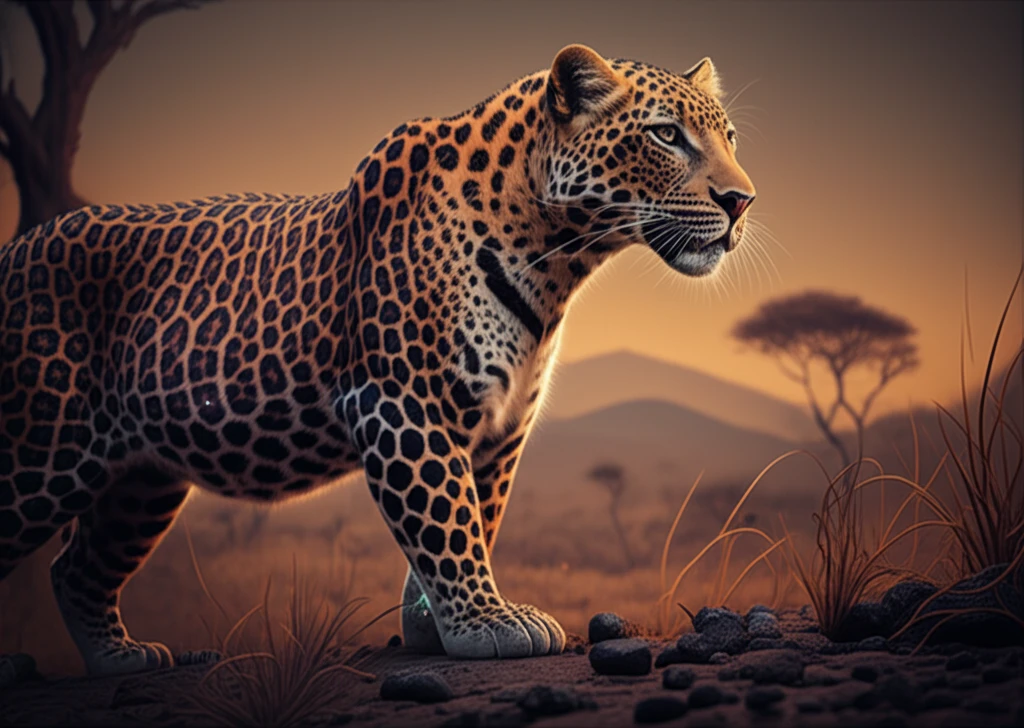 Leopard in savanna with isotopic signatures, showcasing dietary analysis.