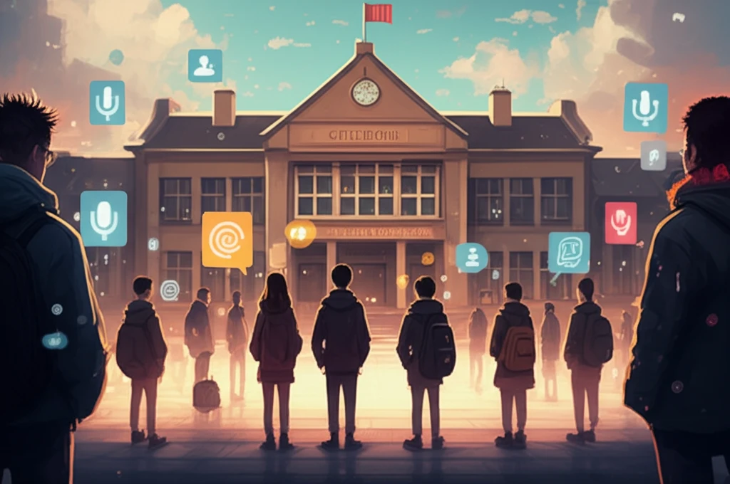 Diverse group of students with glowing voice symbols around a welcoming school building