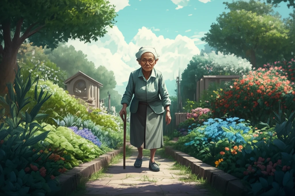 Elderly caregiver tending to a garden representing cognitive health amidst chronic pain.