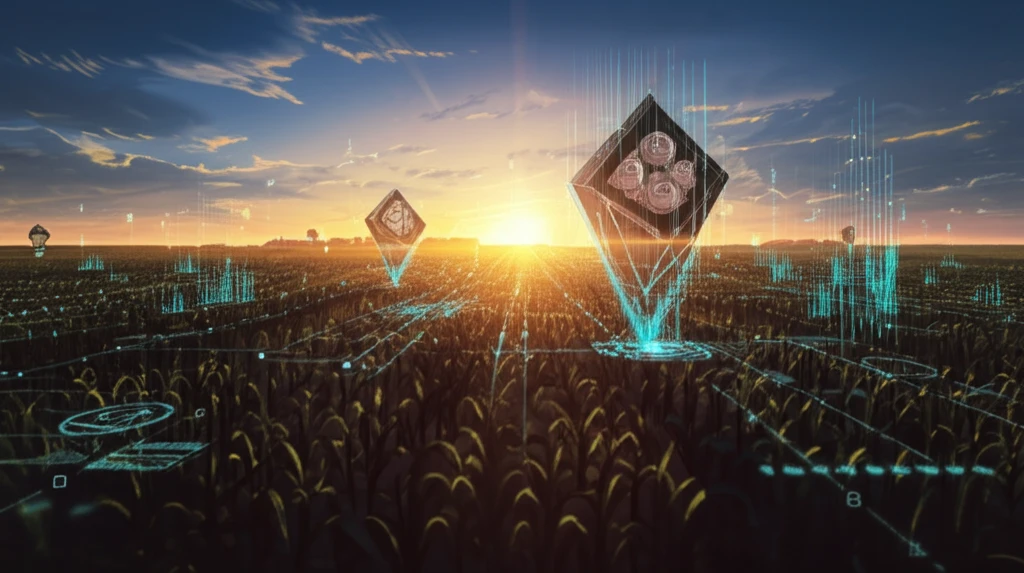 Surreal Iowa cornfield with glowing data points