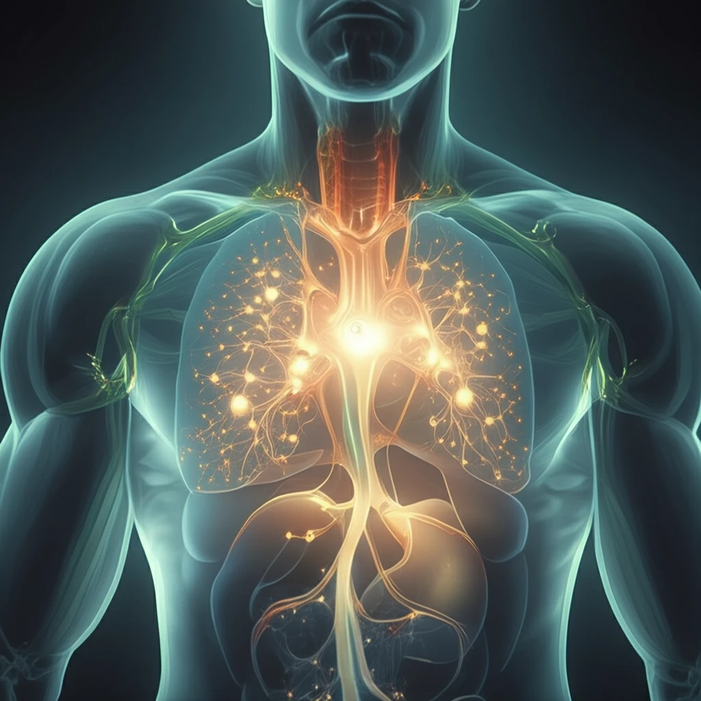 Glowing illustration of esophagogastric junction with light pathways representing lymph node metastasis.