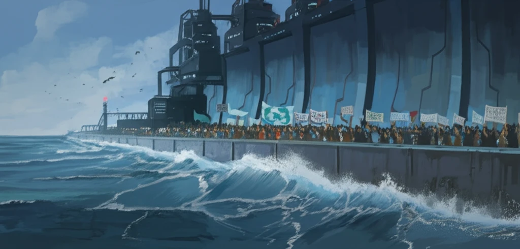 Coastal industrial plant protected by a dike, with a crowd protesting peacefully in the background.