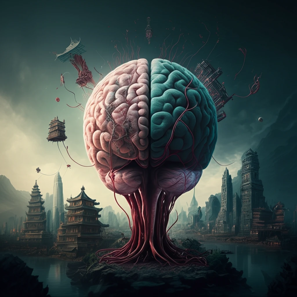 Surreal image of a brain with rupturing blood vessels against a Chongqing cityscape, symbolizing intracerebral hemorrhage.