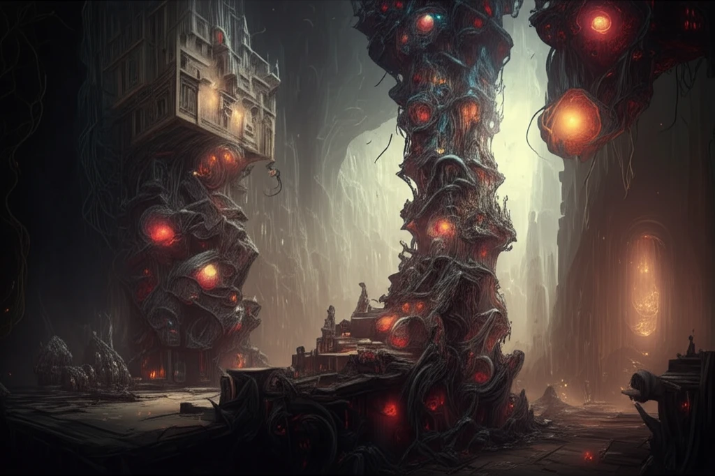 Atoms transforming into architectural structures, symbolizing material aging.
