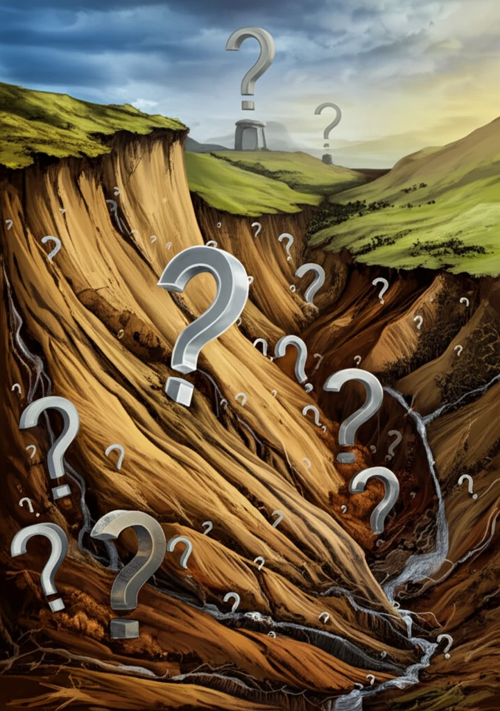 Landslide with question marks symbolizing incomplete data.