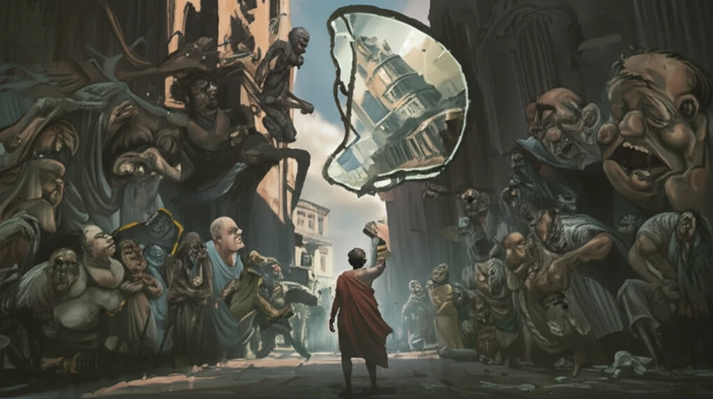 Surreal illustration of Juvenal amidst a chaotic Roman street scene, symbolizing social satire and corruption.