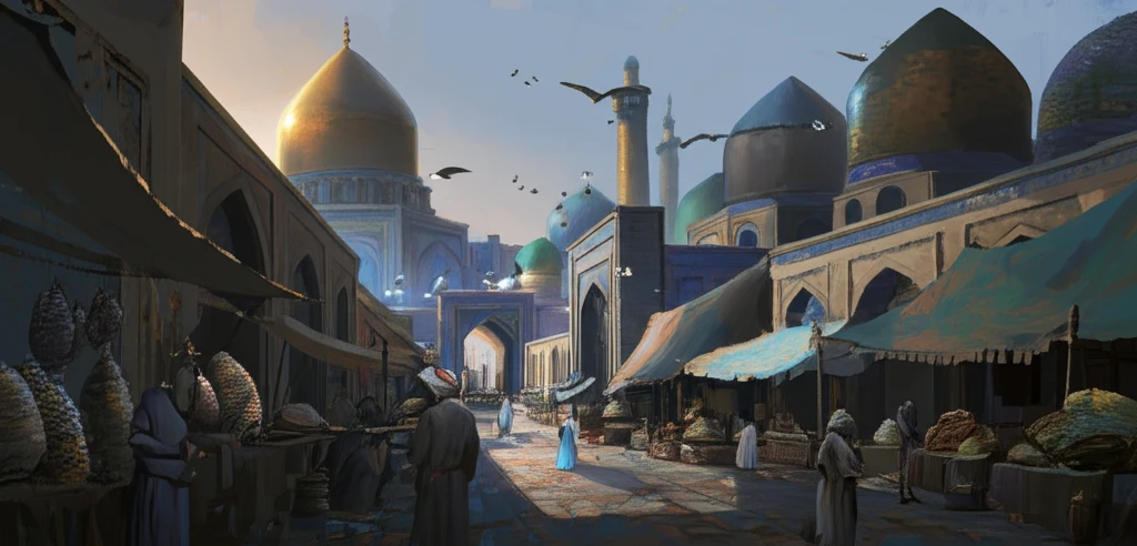 Bustling Baghdad marketplace during the Abbasid Caliphate