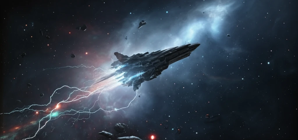Spacecraft navigating a field of glowing space dust, with vibrant electric fields.
