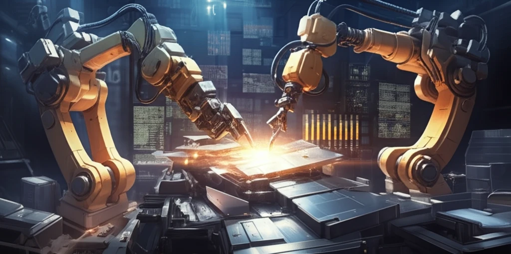 Surreal illustration of sheet metal forming with digital data overlays.