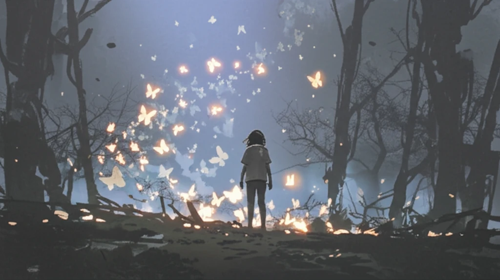 A child surrounded by glowing butterflies, symbolizing hope and resilience in the face of cancer.