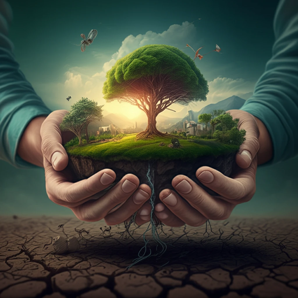 Hands cradling a miniature ecosystem within a barren landscape.