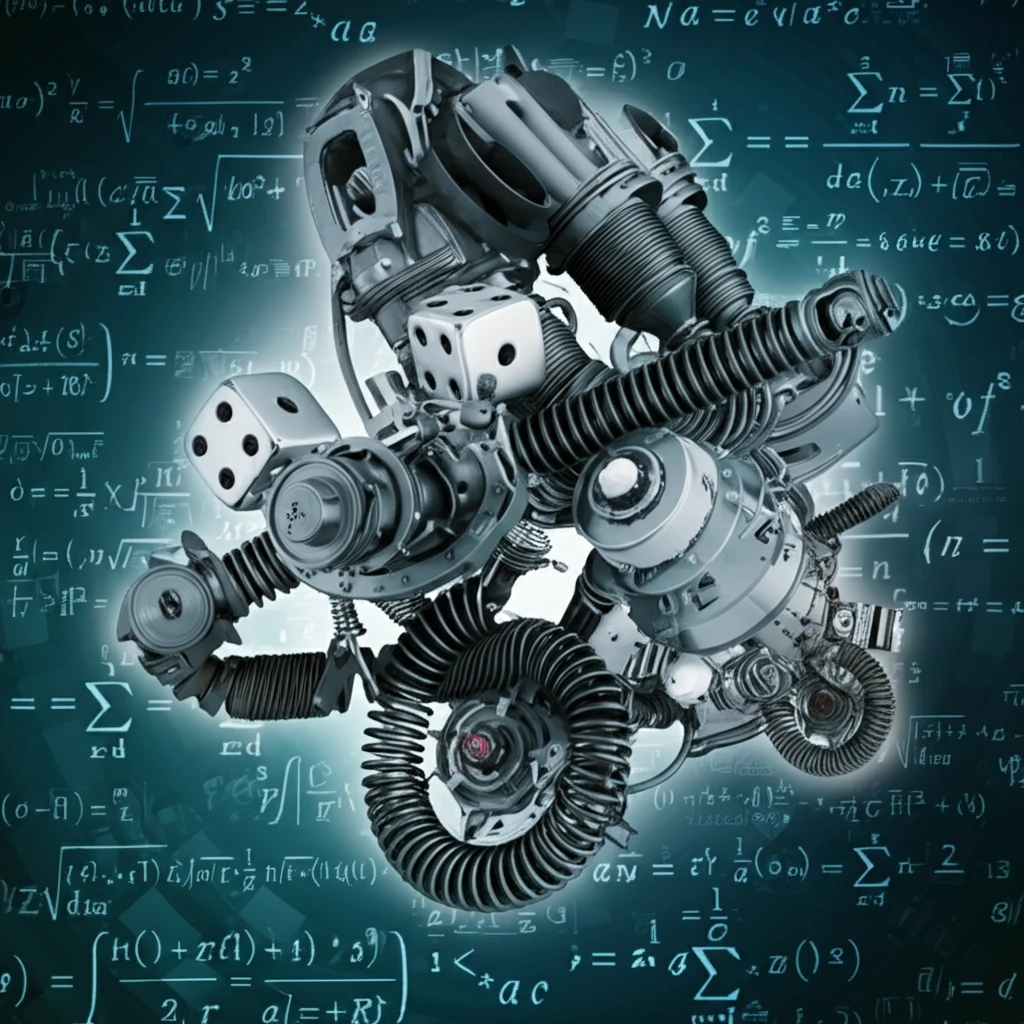 Surreal illustration of Stirling engines and probabilistic dice against a mathematical backdrop.
