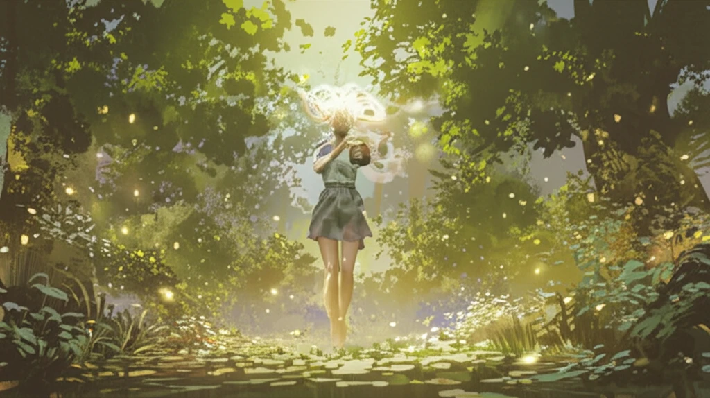 Ethereal woman in forest holding jar of glowing ointment.