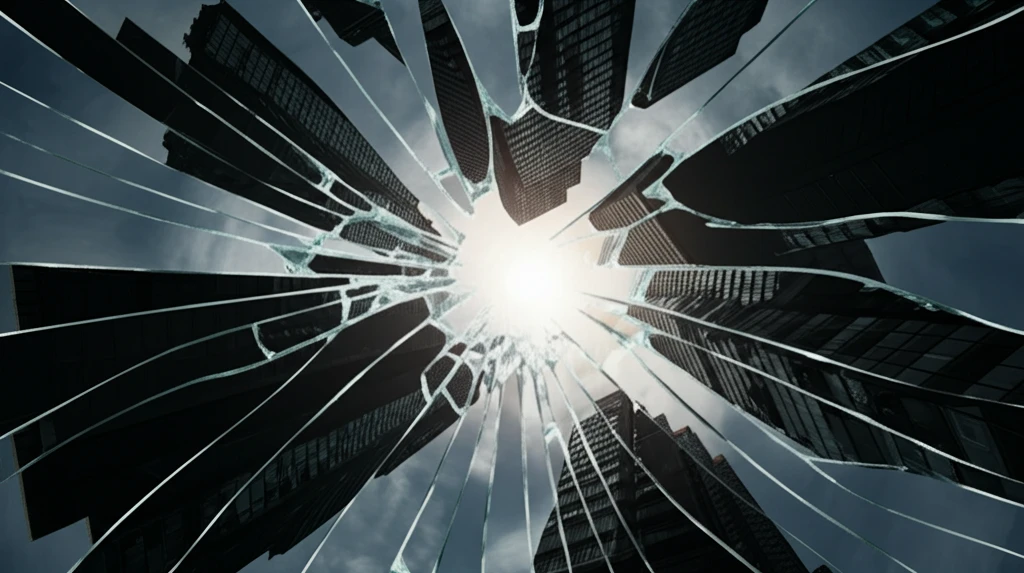 Shattered mirror reflecting distorted cityscapes, symbolizing fragmented perception in schizophrenia.