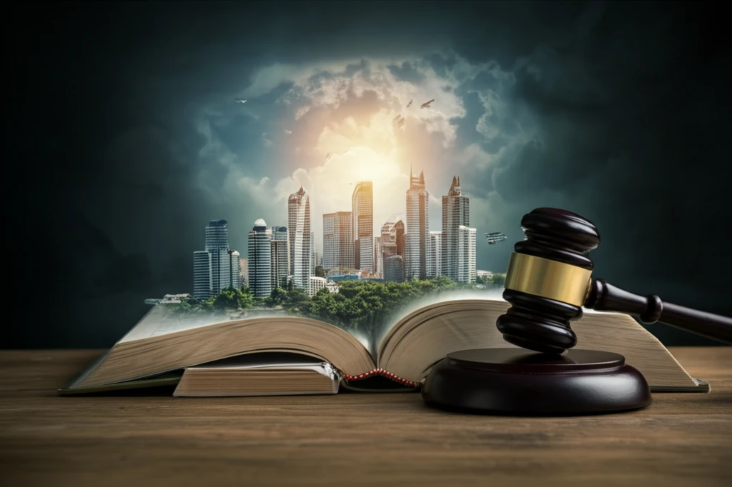 Judge's gavel on law books with cityscapes symbolizing legal impact.