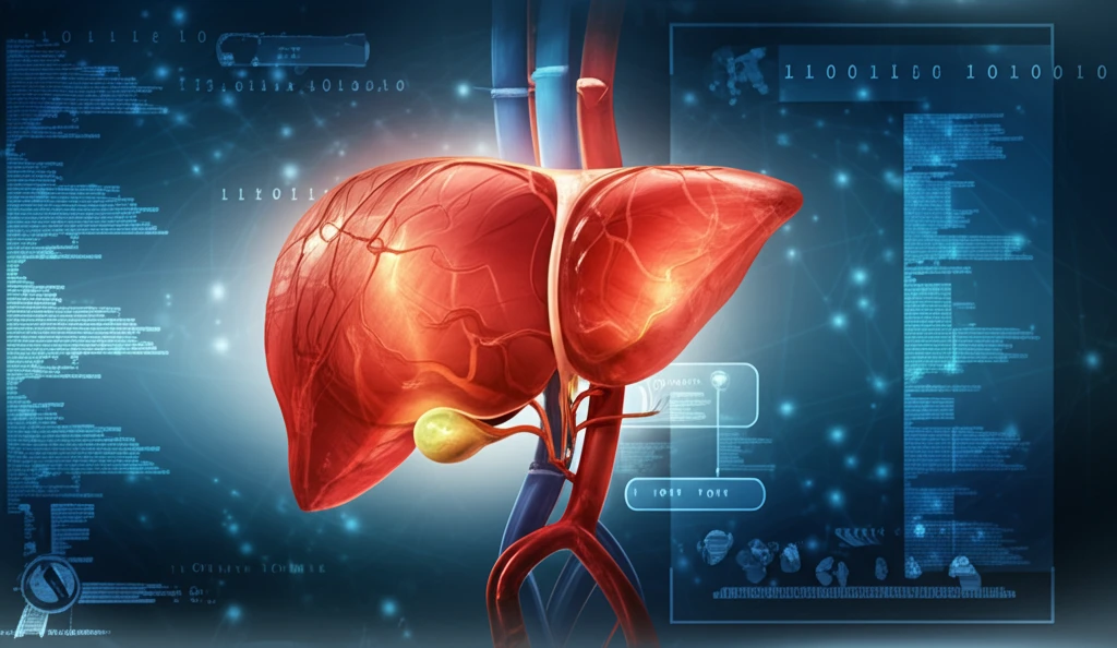 Stylized illustration of a liver with lymphatic vessels and PET scan overlay.