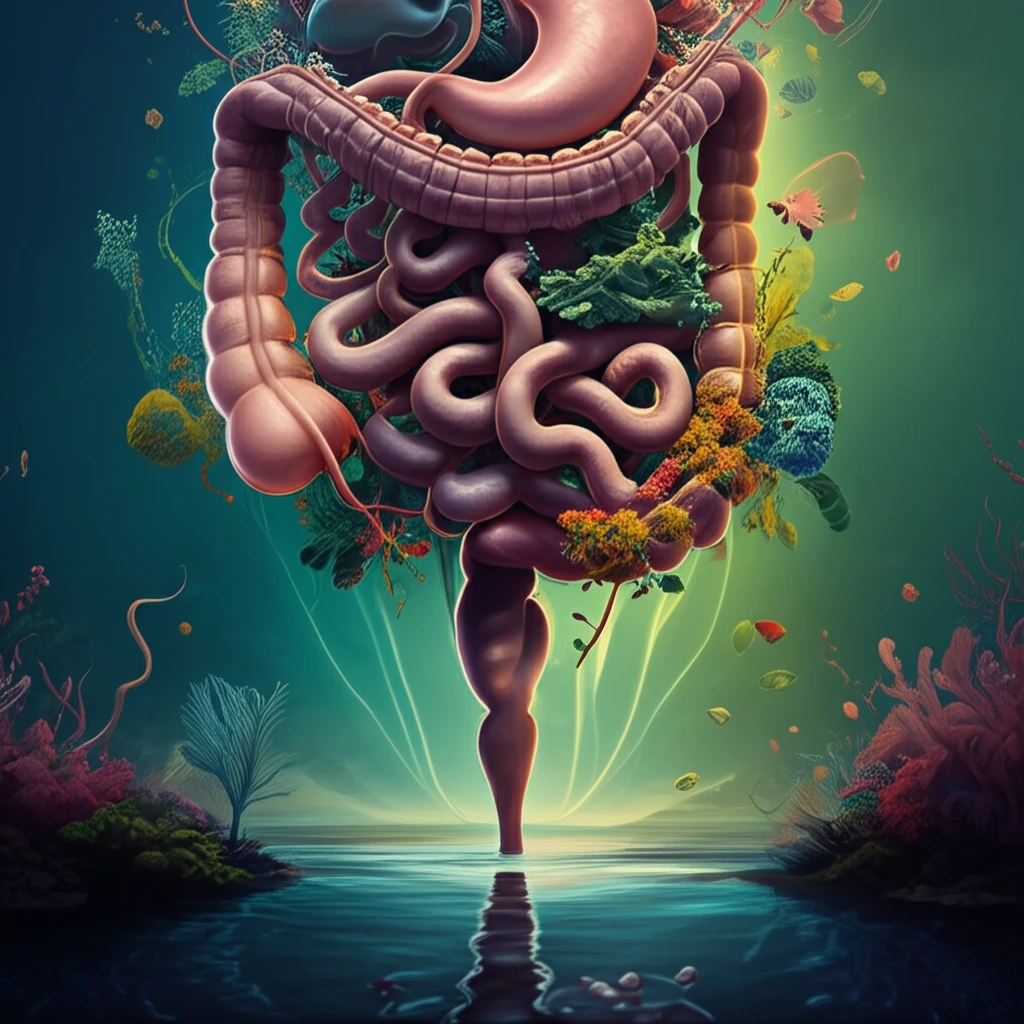 Surreal illustration of a healthy colon intertwined with natural elements, symbolizing healing from ulcerative colitis.