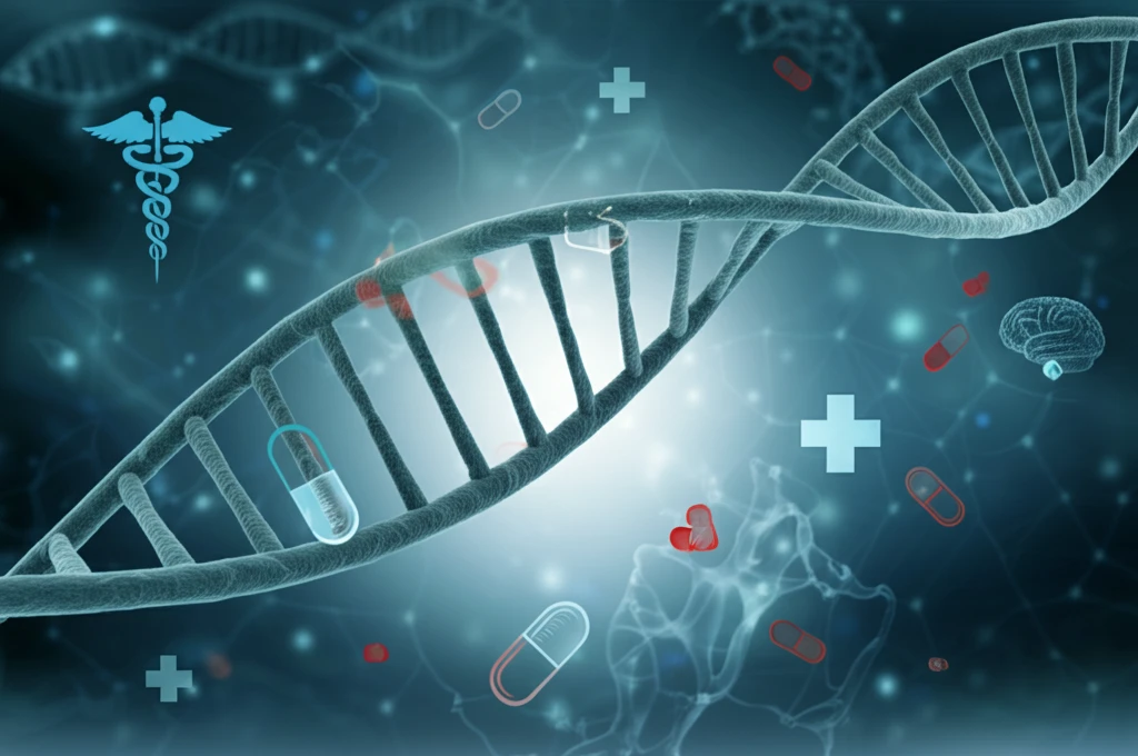 Microscopic view of RNA strands with medical symbols, representing MIAT's role in various diseases.