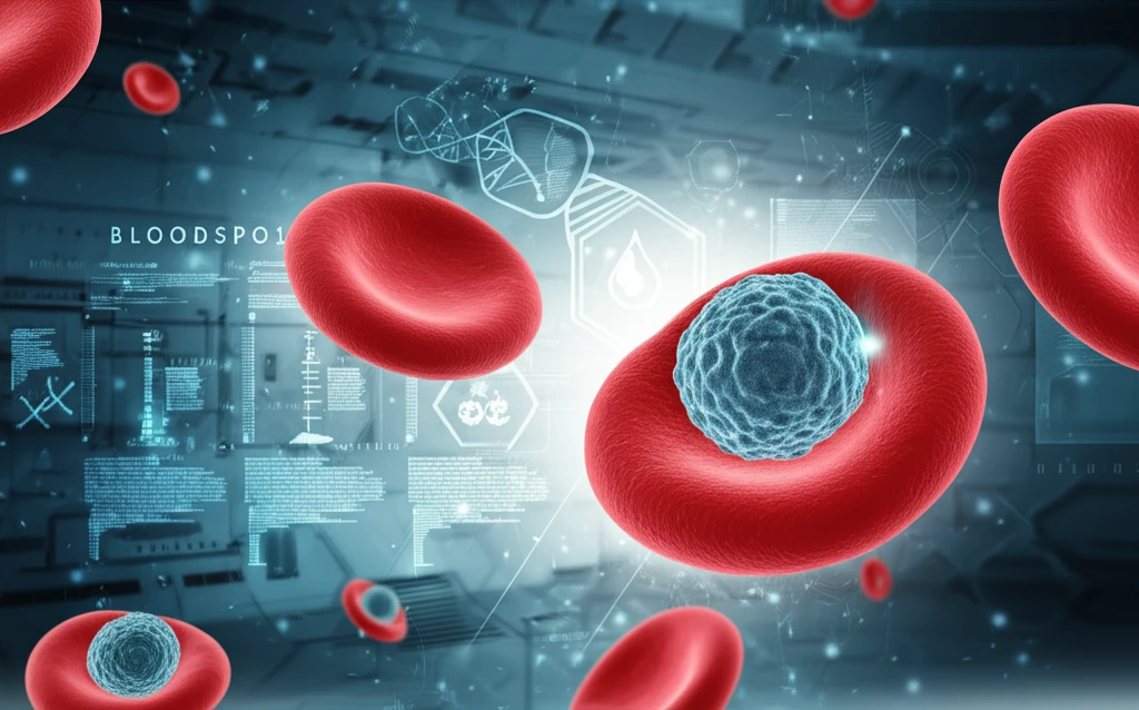 Interconnected blood cells glowing with genetic data, symbolizing BloodSpot database.