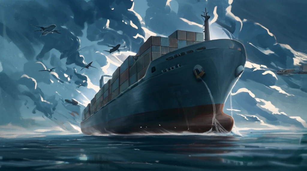 Futuristic cargo ship using air cavity technology to glide over the ocean.