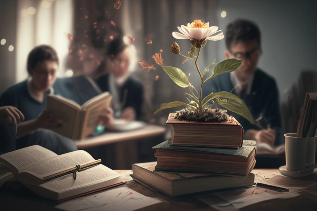 Blooming flower growing from training materials, symbolizing employee growth and development.