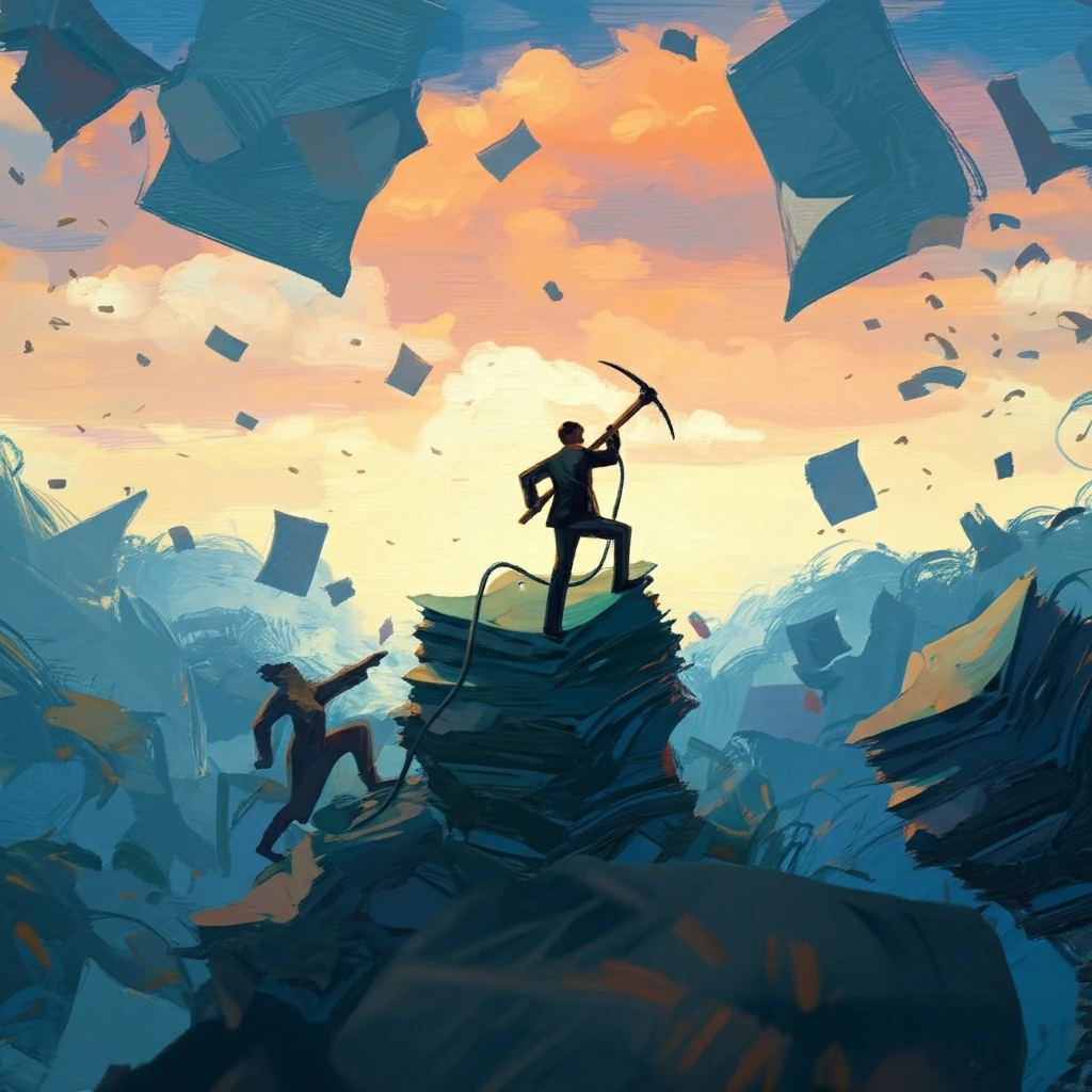 Person climbing a mountain of paperwork, symbolizing the struggle between grit and office politics.