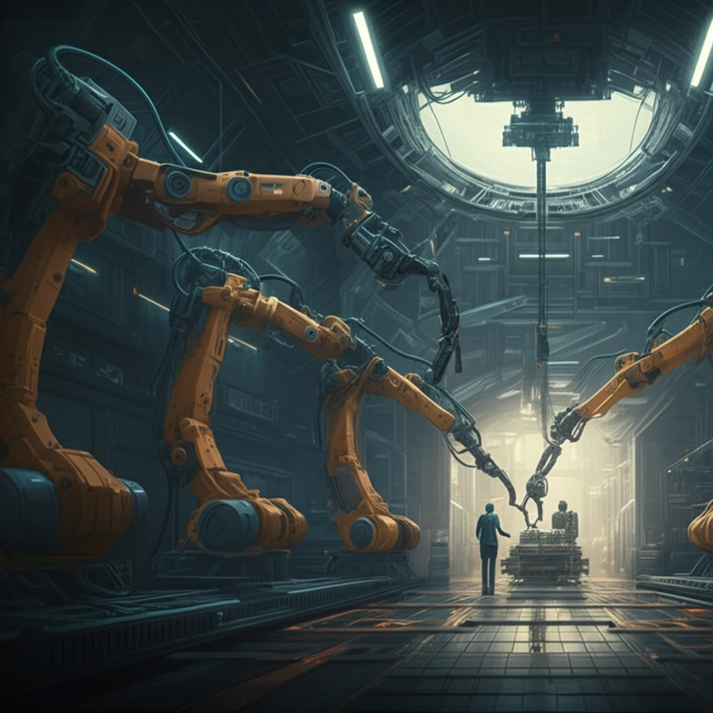 Futuristic assembly line with robotic arms assembling components, symbolizing efficient production.
