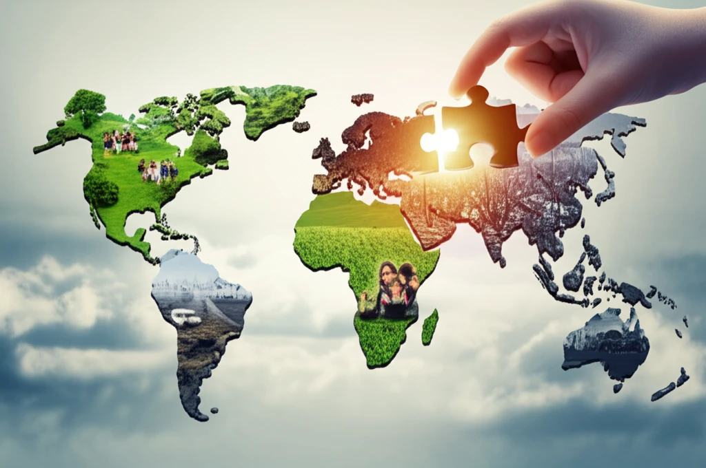 A surreal illustration showcasing the world's progress puzzle, highlighting the importance of well-being.