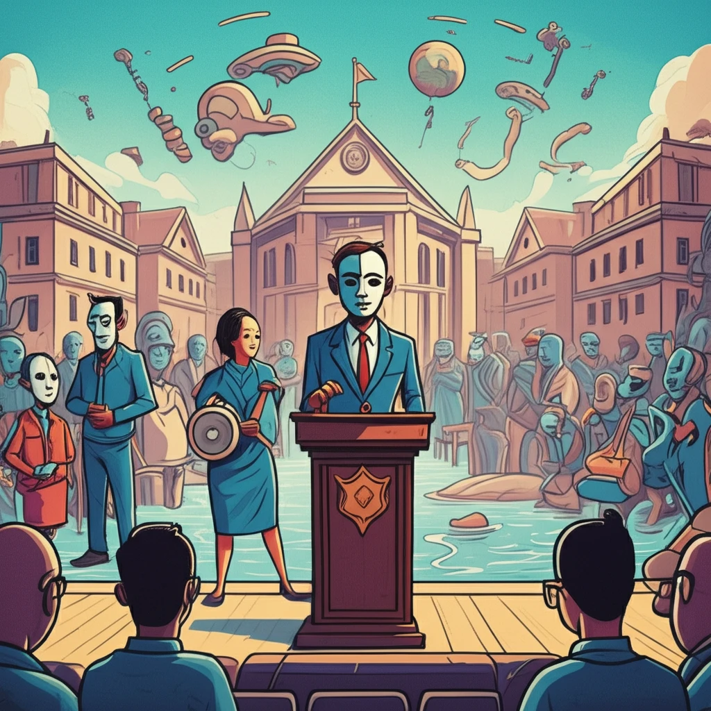 Surreal illustration of diverse academics in masks symbolizing assimilation in academia.