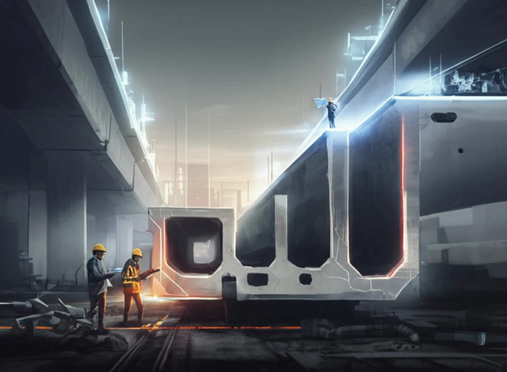 Engineers examining a futuristic concrete bridge section.