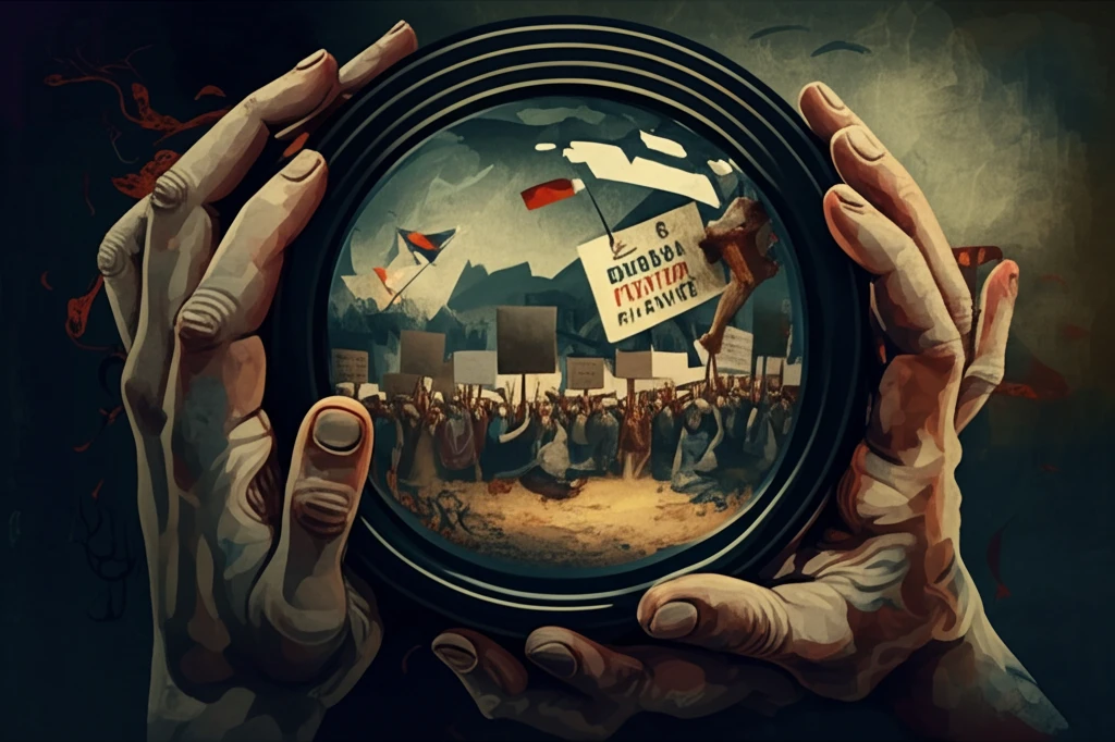 Film camera lens reflecting global protests, symbolizing filmmaking activism.