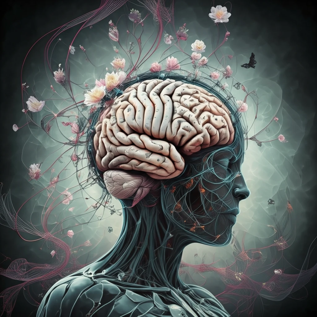 Digital illustration of brain intertwined with digital circuits and blooming flowers.