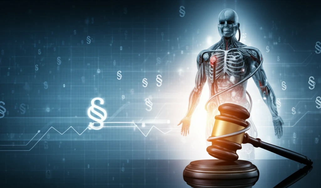 Symbolic representation of a legal gavel intertwined with medical tubing and a human silhouette.