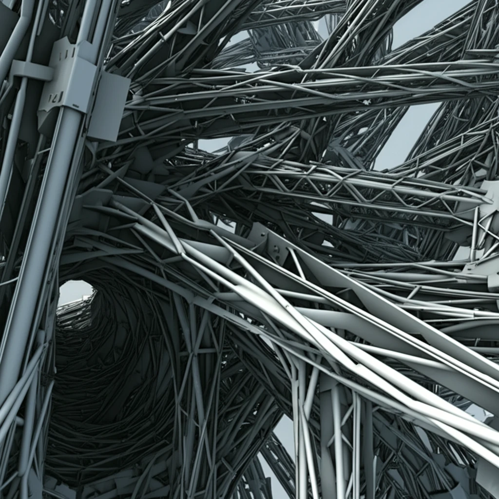 Futuristic structure made of interconnected steel beams symbolizing strength and innovation