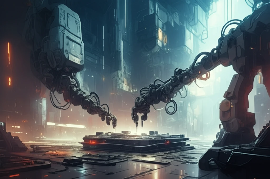 Futuristic manufacturing plant with precision machining.