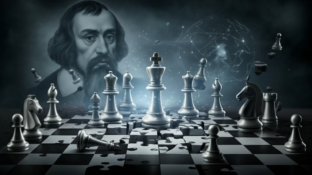 Fractured world map with chess pieces symbolizing global conflict, featuring a subtle image of Thomas Hobbes.