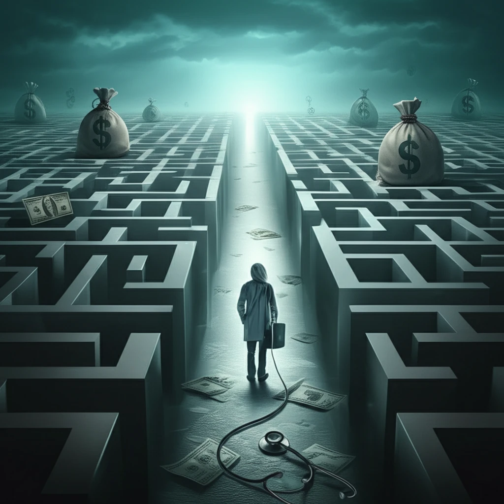 Doctor navigating a financial maze.