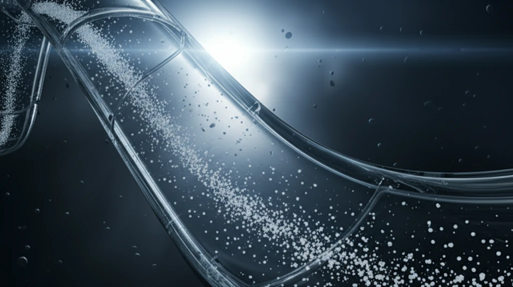Transparent pipeline with fluid flowing smoothly through it, showing calcium carbonate particles reducing friction.