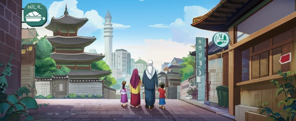 South Korean cityscape with Muslim family exploring halal-friendly amenities.
