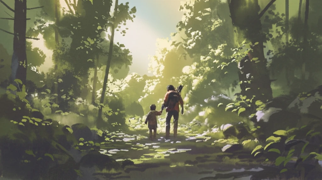A parent guides a child through a forest, symbolizing the parenting journey.