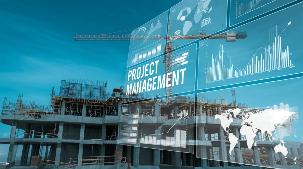 Futuristic project management dashboard with construction site overlay.