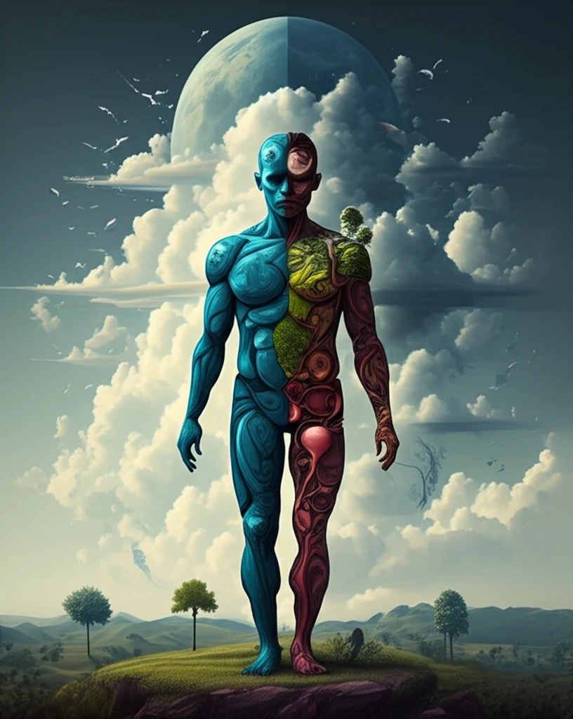 Holistic health illustration showing interconnected landscapes representing different health aspects.