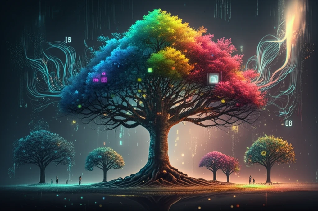 A visual representation of aggregated multicast trees converging into a Wide-Sense Circuit Tree (WSCT), symbolizing efficient network scalability and data delivery.